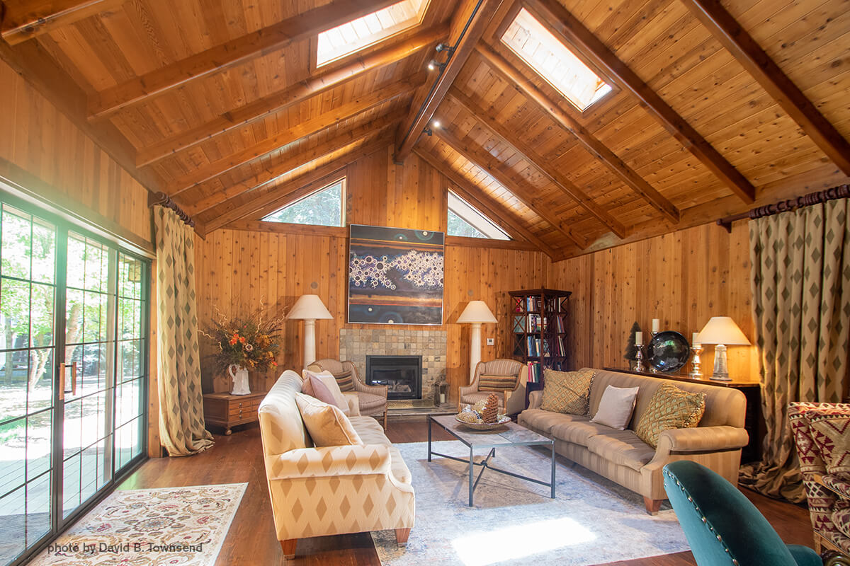 Great room fireplace at Harmony Ridge Lodge