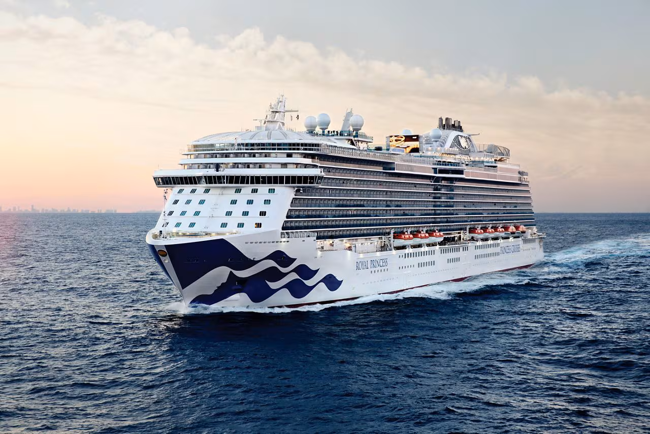 Royal Princess at sea, full exterior view from an angle
